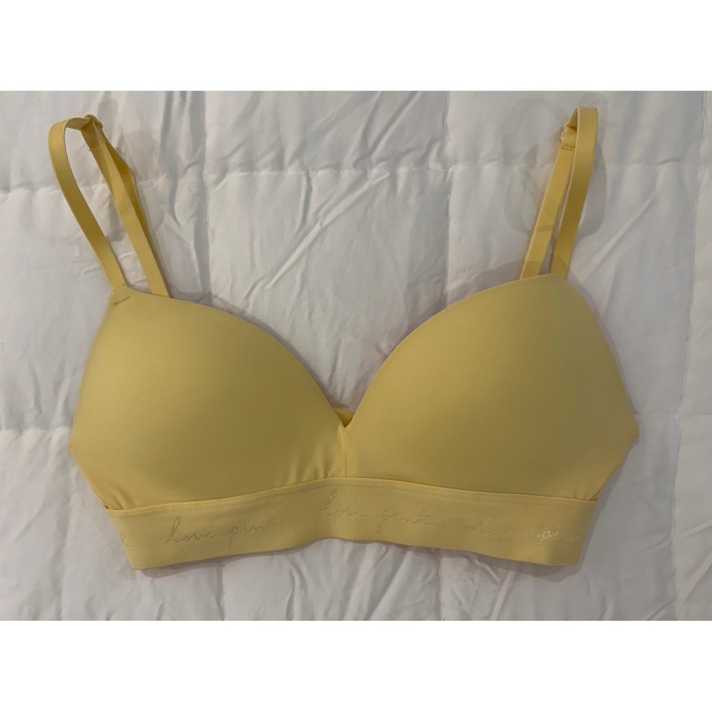 Victoria's Secret PINK Wear Everywhere Wireless Bra Yellow Silver Logo 32C